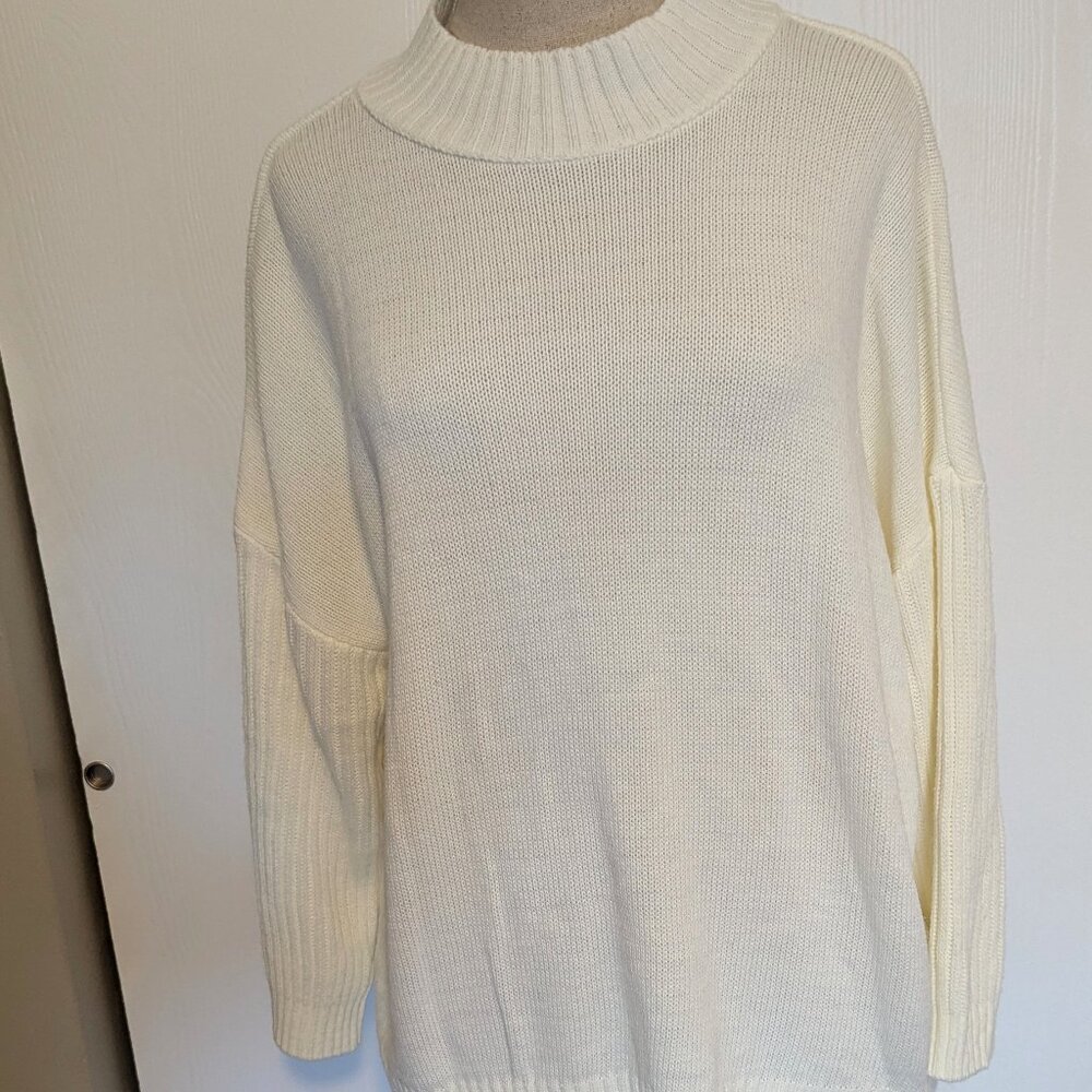 Loose Fit Cream Off White Ribbed Long Sleeve Knit Mock Turtle Neck Sweater